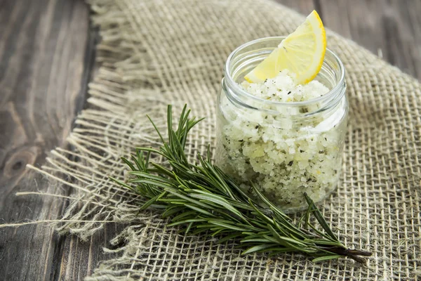 Jar of homemade scrub on sacking on a wooden table — Stock Photo, Image