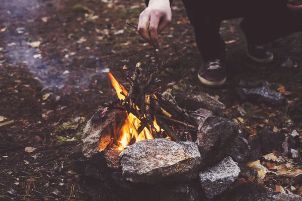 Campfire in the forest. man\'s hands