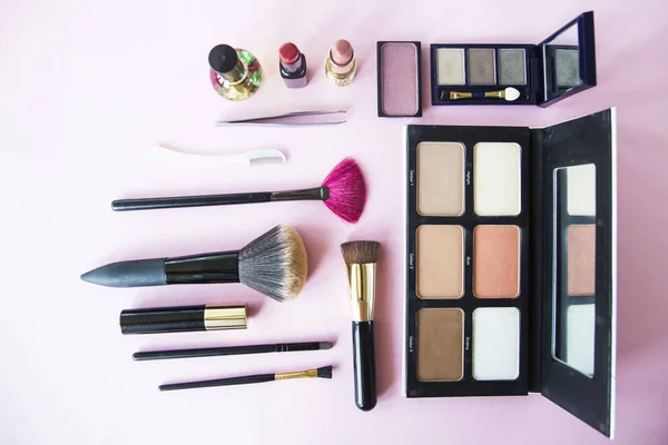 Means for applying makeup - powder, lipstick, contouring and more — Stock Photo, Image