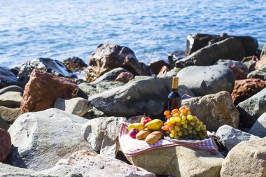 sonbaharda hasat - şarap, üzüm ve meyve dalgalar deniz tarafından