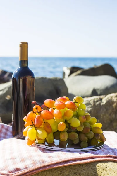 autumn harvest - wine, grapes and fruits by the sea waves