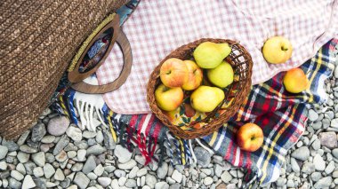 çakıl taşları üzerinde parlak yatak örtüsü üzerinde elma. sonbahar piknik kavramı
