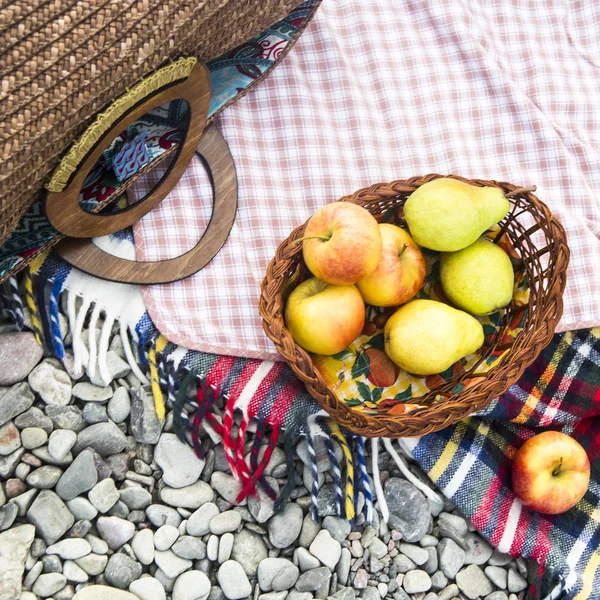 çakıl taşları üzerinde parlak yatak örtüsü üzerinde elma. sonbahar piknik kavramı