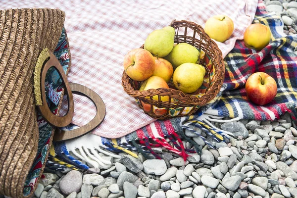 çakıl taşları üzerinde parlak yatak örtüsü üzerinde elma. sonbahar piknik kavramı