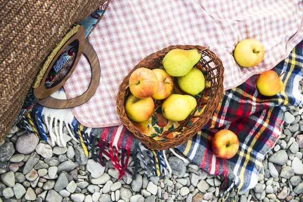 çakıl taşları üzerinde parlak yatak örtüsü üzerinde elma. sonbahar piknik kavramı