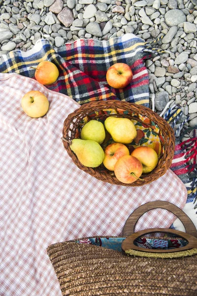 çakıl taşları üzerinde parlak yatak örtüsü üzerinde elma. sonbahar piknik kavramı