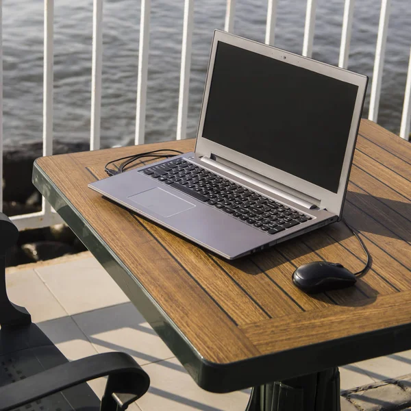Freelancer arbetskonceptet. arbetsplats i en resa vid havet — Stockfoto