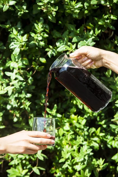 O suco fresco do verão da romã derrama em um copo — Fotografia de Stock