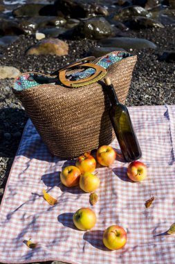 bir şişe kırmızı şarap ile sahil piknik