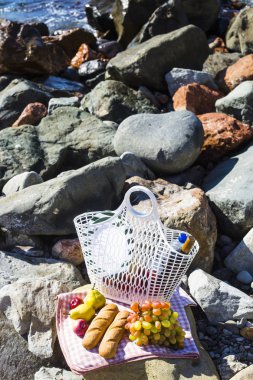 Deniz kenarında üzüm, elma, armut, baget ekmek, şarap ve bir sepet ile yorgan üzerinde dinlenmek