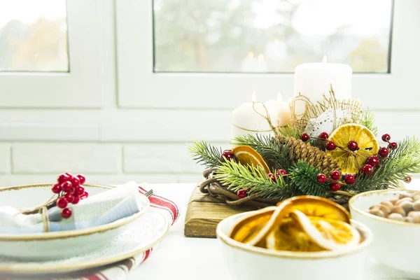 Christmas decoration festive table for two people — Stock Photo, Image