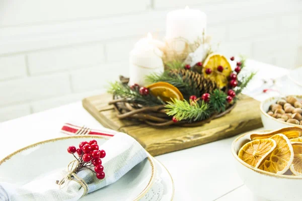 Christmas decoration festive table for two people — Stock Photo, Image