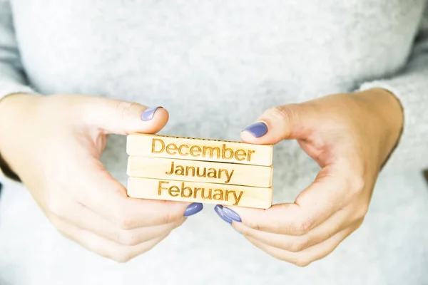 Conceito de inverno. Dezembro, janeiro e fevereiro são escritos em placas de madeira — Fotografia de Stock