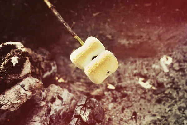 Marshmallow em paus fritam no fogo — Fotografia de Stock