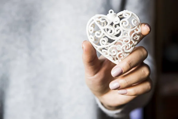 White Openwork Heart Women Hands Valentine Day Concept — стоковое фото