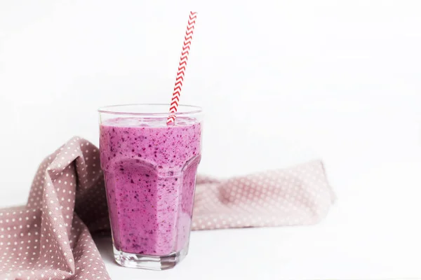 Banana Currant Smoothies Glass White Table Next Pink Napkin Speckles — Stock Photo, Image