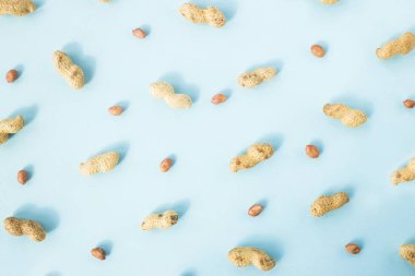 Doğal tüm fıstık kabuğu ve fıstık mavi bir arka plan üzerinde soyulmuş. Sağlıklı vegan gıda kavramı. Düz yatıyordu, en iyi görünümü