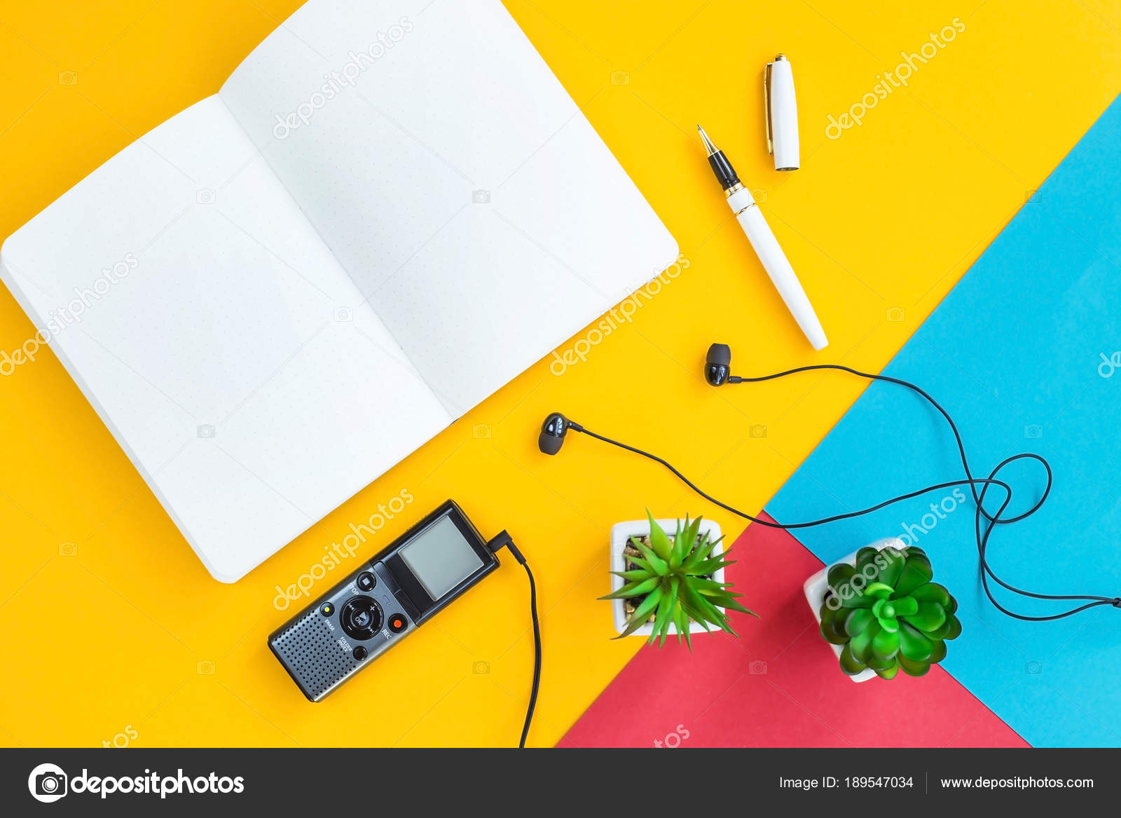 Workplace Journalist Voice Recorder Pen Green Plants Notebook