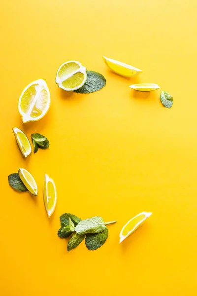 Trozos Hojas Limón Lima Menta Verde Alineados Círculo Sobre Fondo — Foto de Stock