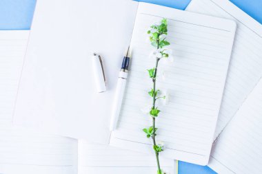 Yaratıcı bir iş ortamı üzerinde üç defter çiçekli dallar üzerinde mavi bir arka plan ile bir yığın