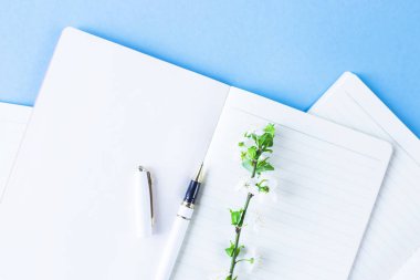 Yaratıcı bir iş ortamı üzerinde üç defter çiçekli dallar üzerinde mavi bir arka plan ile bir yığın