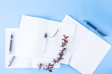 Yaratıcı bir iş ortamı üzerinde üç defter çiçekli dallar üzerinde mavi bir arka plan ile bir yığın