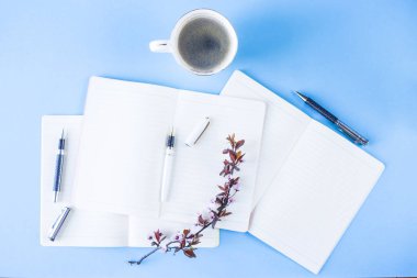 Yaratıcı bir iş ortamı üzerinde üç defter çiçekli dallar üzerinde mavi bir arka plan ile bir yığın