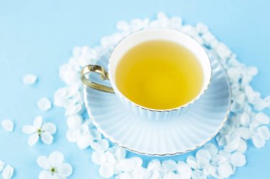 Bir mavi narin fincan yeşil çay yaprakları mavi bir arka plan üzerinde beyaz bahar çiçekli ağaçlarının arasında. Bahar ilham kavramı