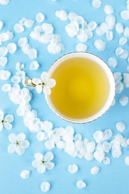 Bir mavi narin fincan yeşil çay yaprakları mavi bir arka plan üzerinde beyaz bahar çiçekli ağaçlarının arasında. Bahar ilham kavramı. Üstten Görünüm, düz yatıyordu