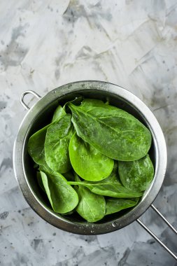 Gri bir arka plan üzerinde metal bir kevgir içinde ıspanak yıkanır. Sağlıklı yemekler yemek için taze yeşil yaprakları