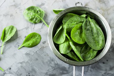 Gri bir arka plan üzerinde metal bir kevgir içinde ıspanak yıkanır. Sağlıklı yemekler yemek için taze yeşil yaprakları