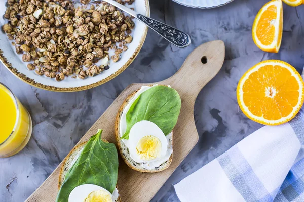 Healthy Hearty Breakfast Muesli Sandwich Egg Coffee Orange Juice Gray — Stock Photo, Image