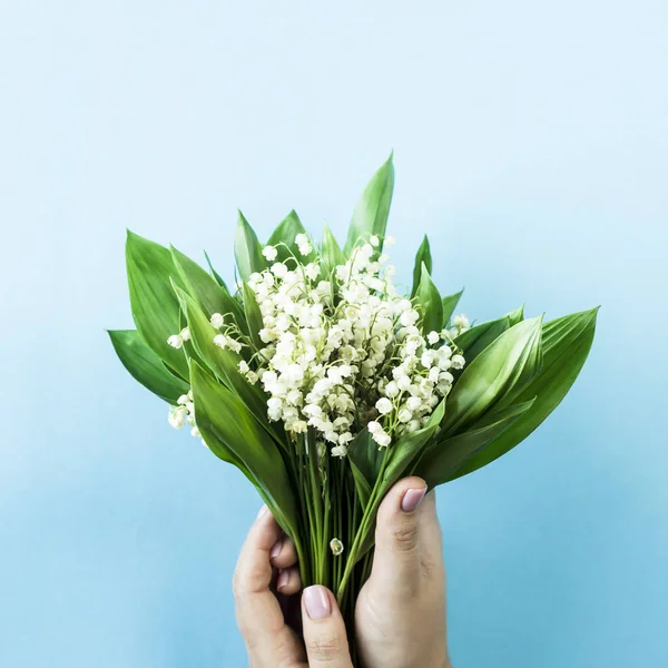 A bouquet of lilies of the valley in female hands on a blue background. Top view, flat lay