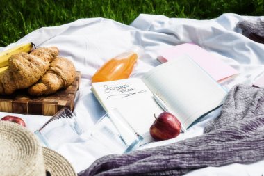 Yaz için Plan yazıldığı defter. Piknik kruvasan ve parkta suyu ile yaz tatili ve iş planlaması