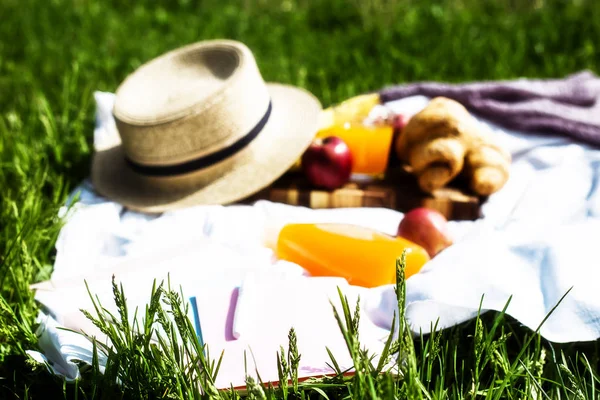 Sappige Groene Zomer Gras Picknick Het Park Met Croissants Sap — Stockfoto