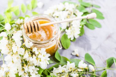 Akasya bal ve diğer nektar akasya çiçekli dallar arasında. Gri bir arka plan üzerinde. Tatlım için tahta kaşıkla