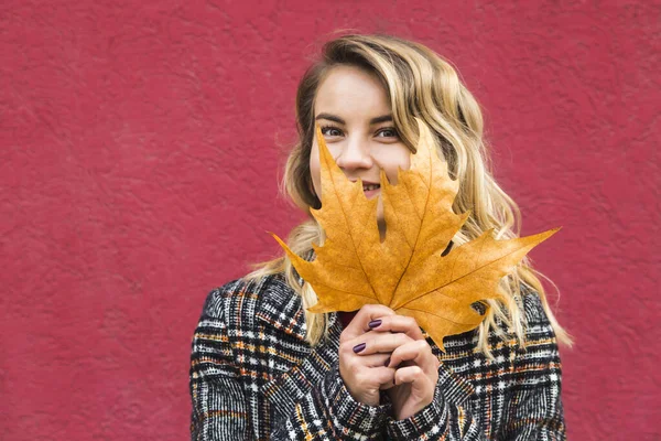 Une fille caucasienne regarde la caméra et couvre son visage avec une feuille d'automne . — Photo