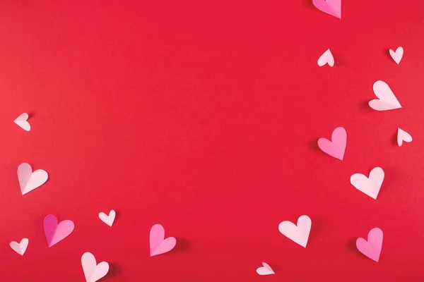 Valentines day background with hearts on red and copy space. — 스톡 사진