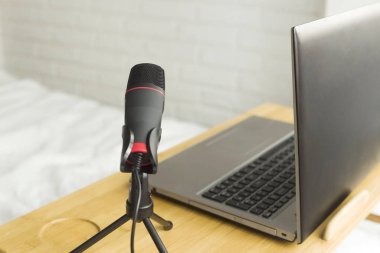 Bir blogger için Podcaster amatör mikrofon ve defter.