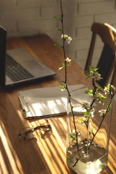 Minimalistic workplace at home on a wooden table in the shadows.