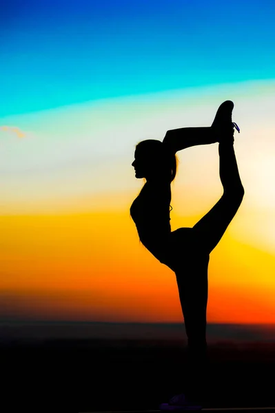 Silhueta de uma jovem no pôr do sol fundo — Fotografia de Stock