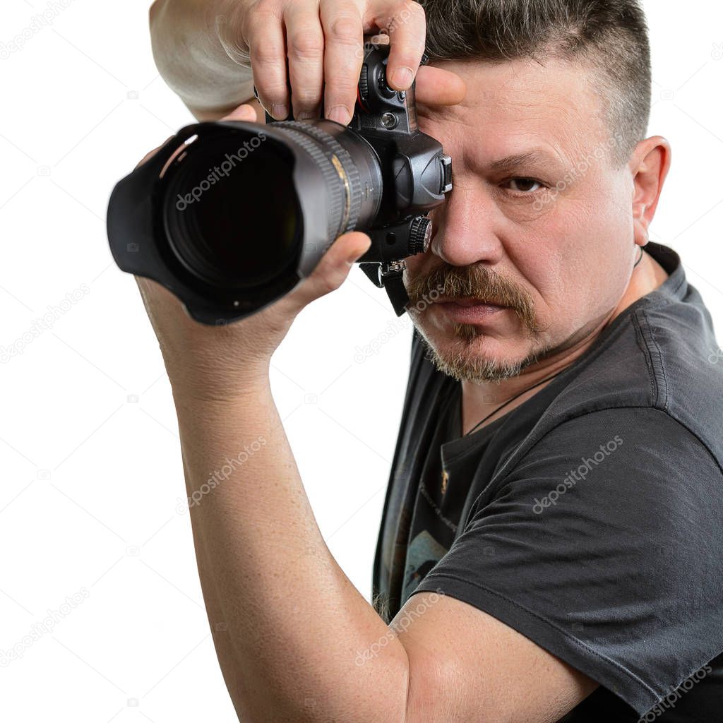 portrait photographer with a camera on an isolated background