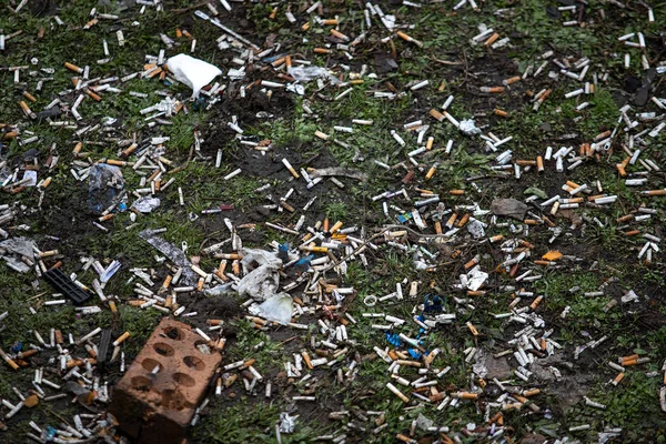 cigarette butts scattered on the ground among the garbage. trash. brick and plastic bags. environmental pollution. bad habit