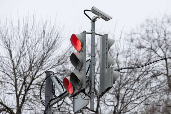 Ağaçların arka planındaki ihlalleri düzeltmek için trafik ışığı ve kameranın kırmızı rengi