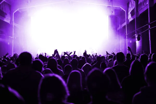 Enorme Menigte Voor Het Podium Een Muziekfestival Paars Licht Banner — Stockfoto