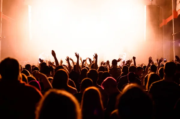 Un festivalinde sahnenin önünde ellerini kaldıran kalabalık. Popüler bir grubun konseri. dans eden insanlar en sevdiğiniz müzikle.