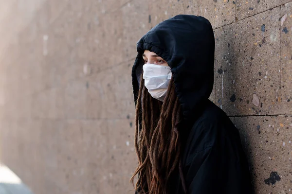 Girl Dreadlocks Black Hood Medical Mask Protection Dirty Air City — Stock Photo, Image