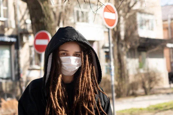 Girl Dreadlocks Black Hood Medical Mask Background Stop Signs Stop — Stock Photo, Image