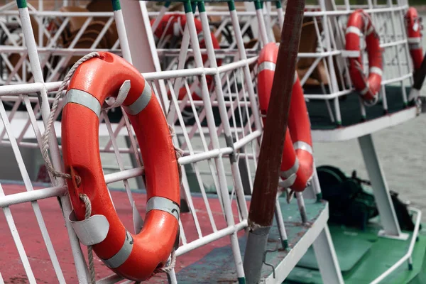 Red White Cork Lifebuoy Sides Yacht Fence Safety Sea Cruise — Stock Photo, Image