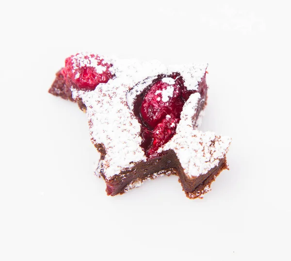 Christmas Tree Shaped Raspberry Brownies Covered Powdered Sugar White Background — Stock Photo, Image